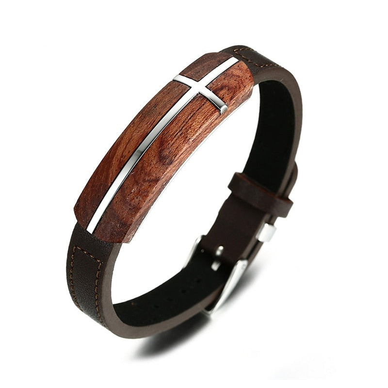 Kreuz im Rosenholz - Lederarmband