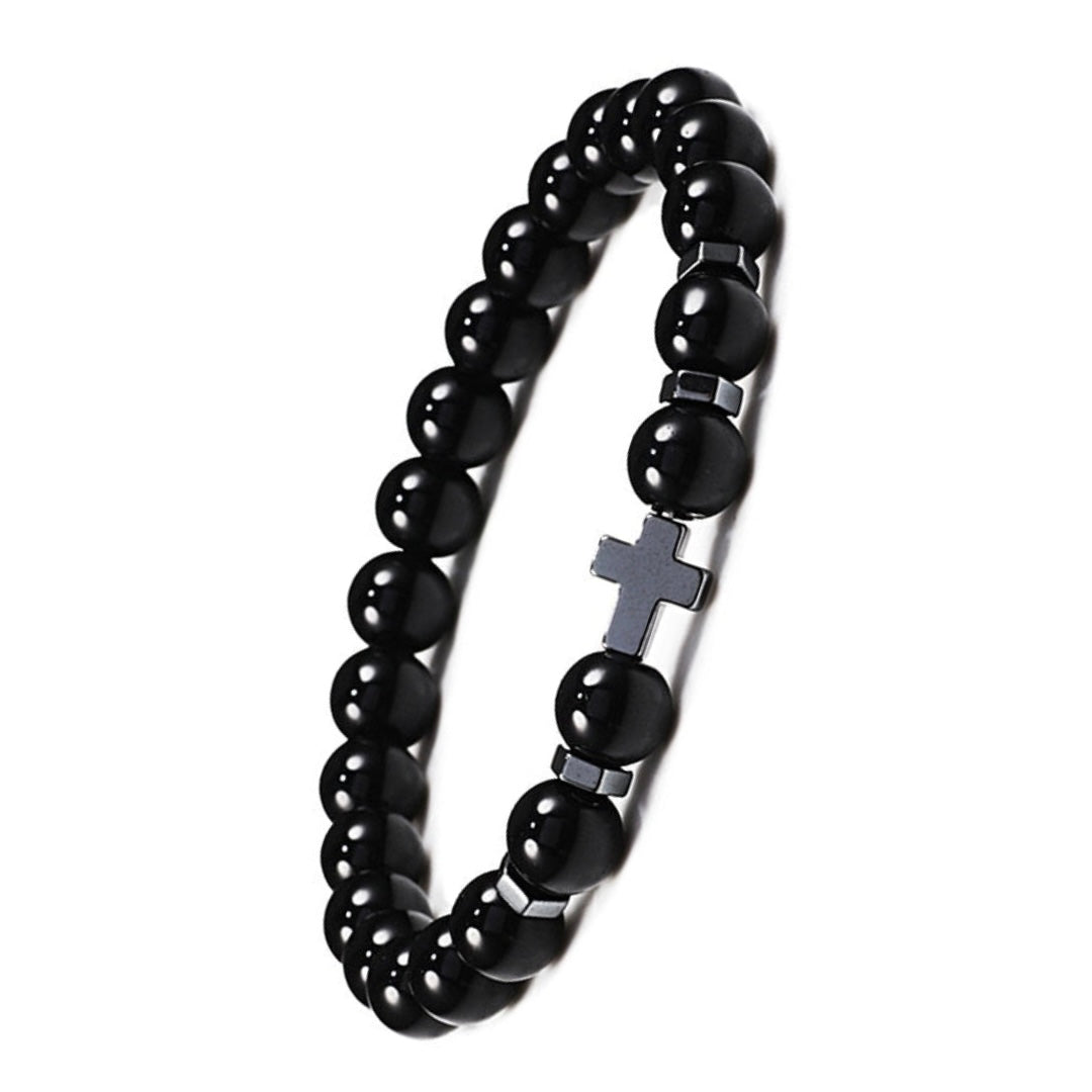 Perlenarmband mit dem Kreuz aus Roteisenstein